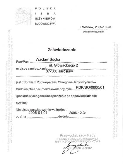 Skan zaświadczenia Podkarpackiej Okręgowej Izby Inżynierów Budownictwa